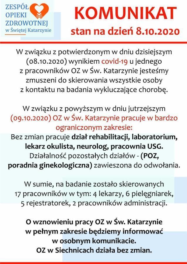 koronawirus zmiana organizacji pracy zoz na 8.10.2020